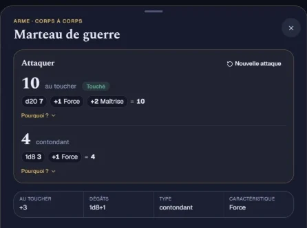 Panneau du marteau de guerre : une attaque de 10 au toucher et 4 dégâts contondants, détaillés dé par dé et bonus par bonus.