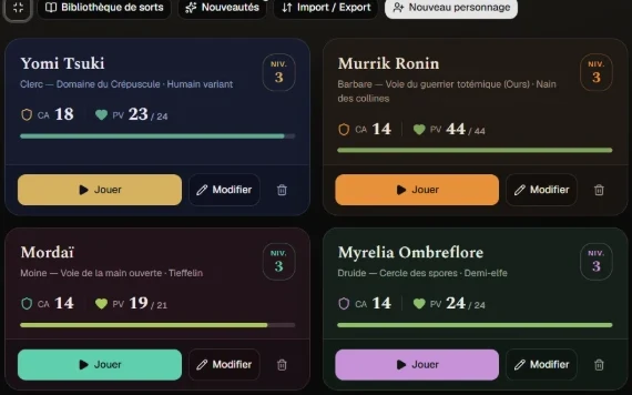 Liste de quatre personnages de niveau 3 (clerc, barbare, moine et druide), chacun avec sa classe d'armure, ses points de vie et un bouton Jouer.